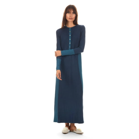 MeMoi Women's Two-Tone Button-Accent Soft Full-Length Nightgown - Womens - Female (L, Ocean Navy)