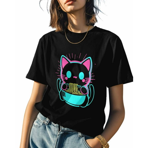 Ramen Cat Cartoon Style Womens Tshirt Graphic Tees Cotton Crew Neck T-Shirts, Casual Short Sleeve Shirts for Women Teen Girl Colorful Lines