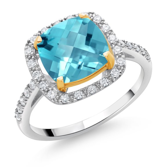 925 Sterling Silver and 10K Yellow Gold Swiss Blue Topaz and White Lab Grown Diamond Engagement Ring for Women (2.96 Cttw, Cushion Checkerboard Cut 8MM, Available in Size 5, 6, 7, 8, 9)