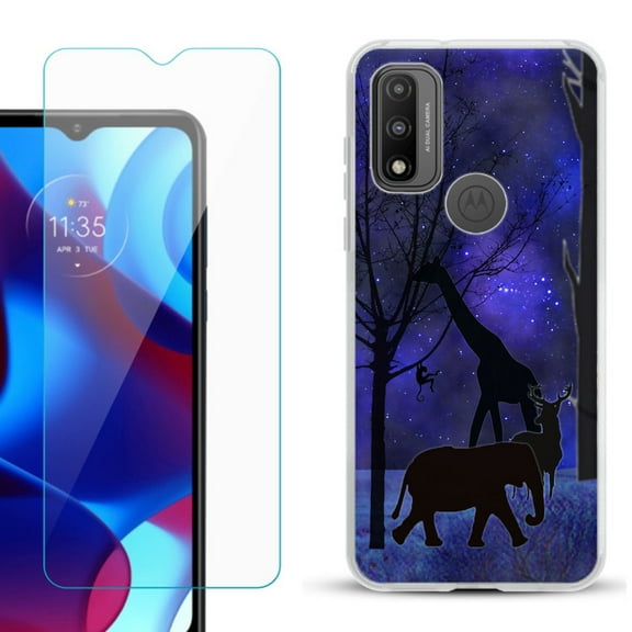 Slim-Fit Gel TPU Phone Case for Motorola Moto G Pure, with Tempered Glass Screen Protector, by OneToughShield ® - Midnight Safari