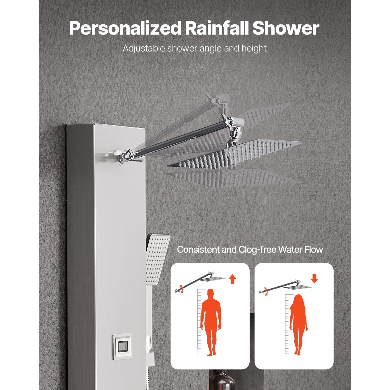 KFFKFF Shower Panel Tower System, 49 in Brushed Stainless Steel, Incorporates Rainfall Shower Head, LED, 4-Function Faucet, Wall-Installed Rain Massage System with 6 Body Jets, Handheld
