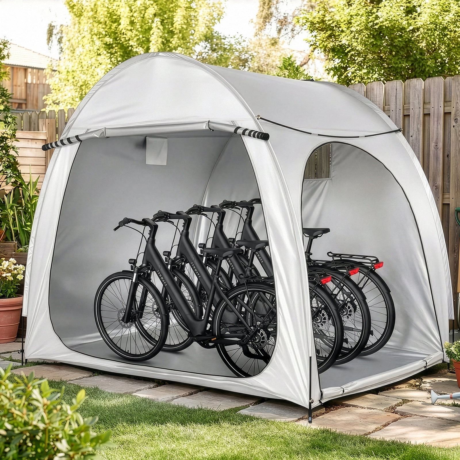 6.8x4.9FT Arched Bicycle Storage Shed, 210D PU Silver Coated Oxford, Black Fiberglass Rod Frame, Front&Side Dual Doors, Inner Storage Bag & Portable Carry Bag, Light Gray