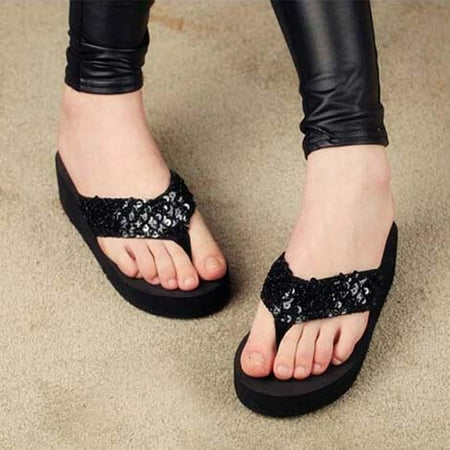 

NWQKYZGH Women Sandals Clearance Summer New Cool Slippers Women s Large Herringbone Slippers Slope Heel Thick Sequin Slippers Sand Antiskid Clip On Slippers Black 6(37)