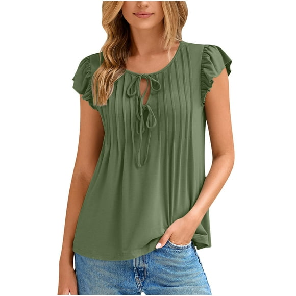 Hmsavn Shirts for Women Summer 2025,Womens Tie Front Blouse Dressy Casual Summer Ruffle Short Sleeve Shirts Trendy Blouses on Clearance