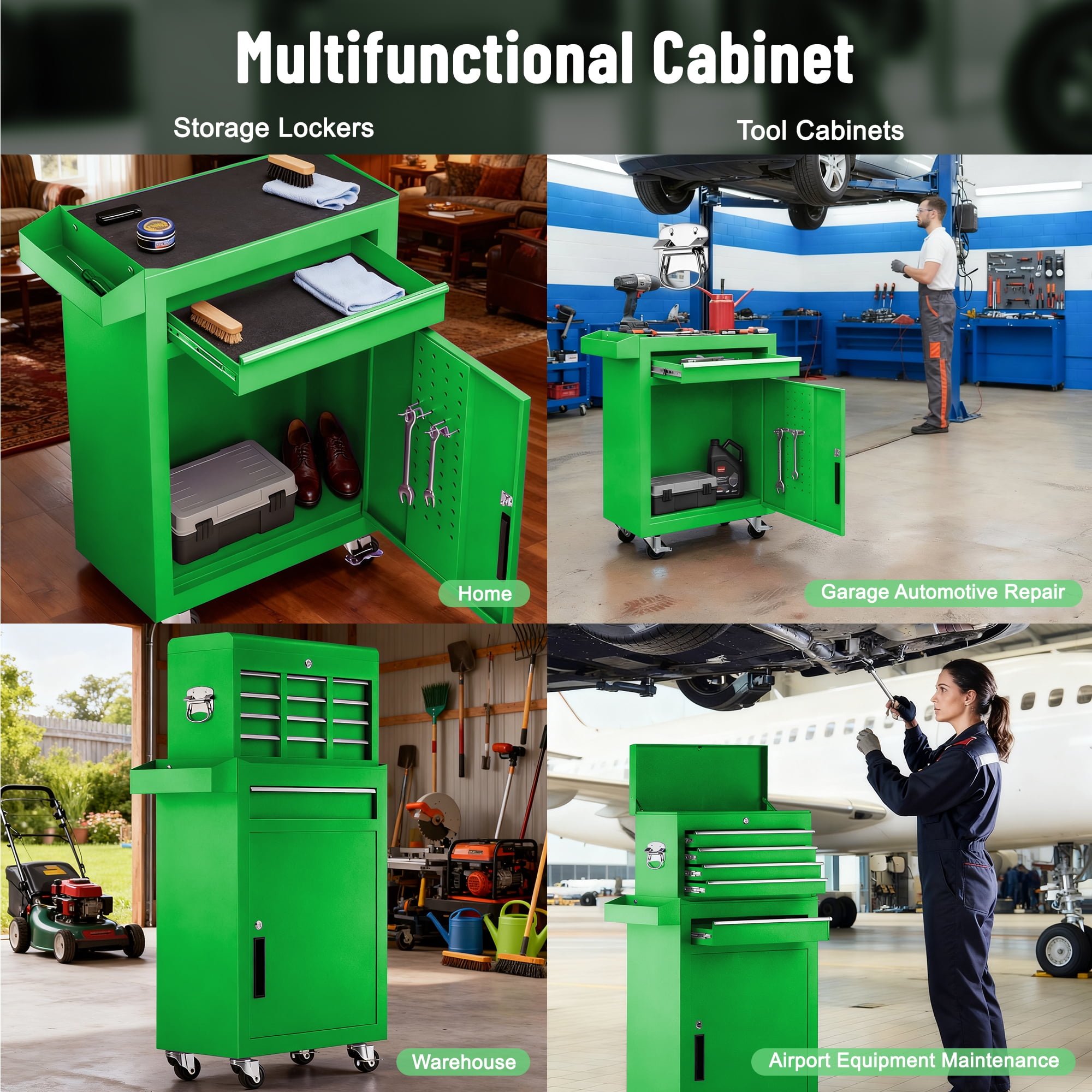 5-Drawer Tool Chest on Wheels, 2 In 1 Rolling Tool Storage Cabinet, Tool Organizer for Garage, Workshop, Warehouse & Repair Shop, Green