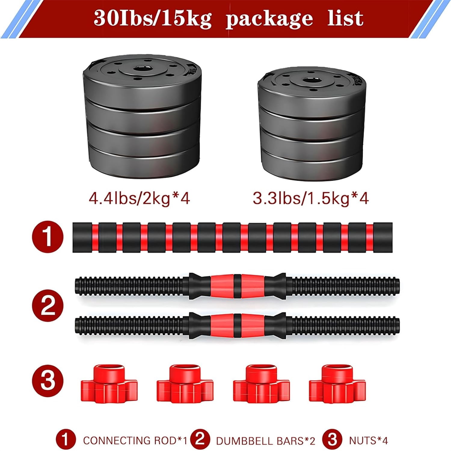 Adjustable Dumbbell Set of 2, Convertible to Barbell, 20 lbs (10 lbs Each), Red