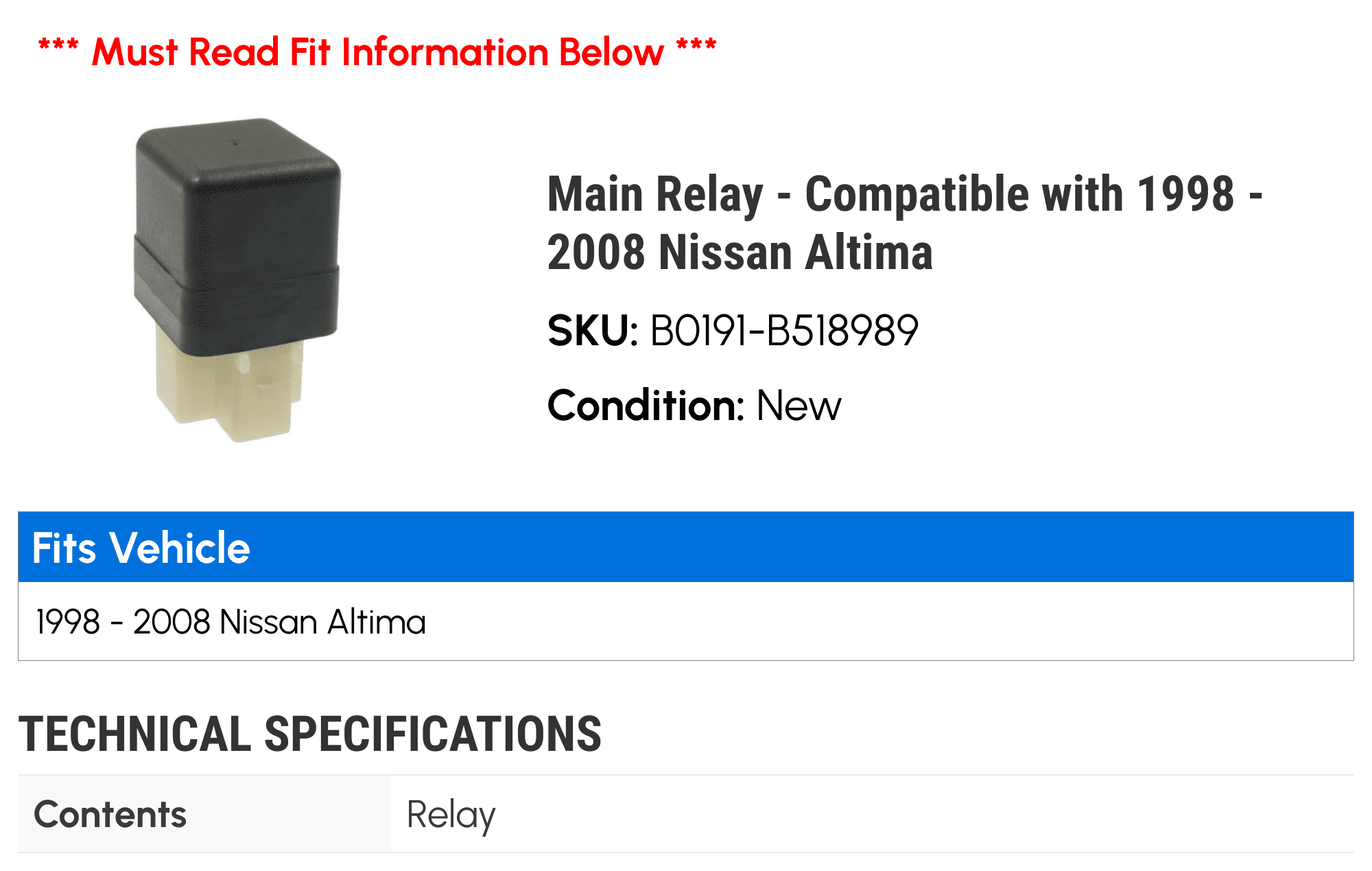 Main Relay - Compatible with 1998 - 2008 Nissan Altima 1999 2000 2001 2002 2003 2004 2005 2006 2007