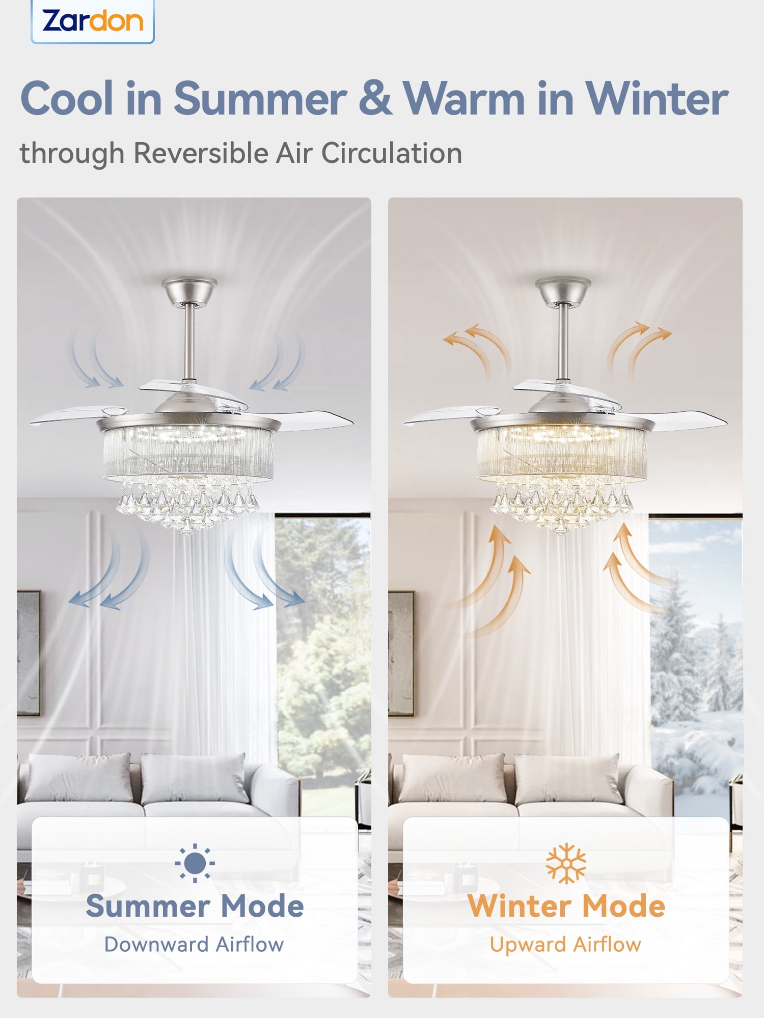 Zardon 42in Ceiling Fans with Light and Remote Control, Crystal Fandeliers with Reversible 6 Speeds, for Indoor, Nickel