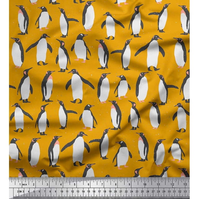 Soimoi Gold Poly Georgette Fabric Penguin Ocean Decor Fabric Printed Yard 42 Inch Wide