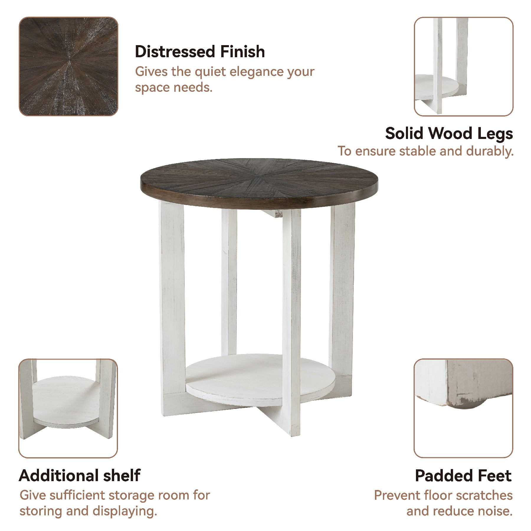 COZAYH Round Wood End Tables with Storage, Rustic Farmhouse Accent Table with Distressed Wood Top, Circle Table for Living Room, 24Dx24Wx24H in