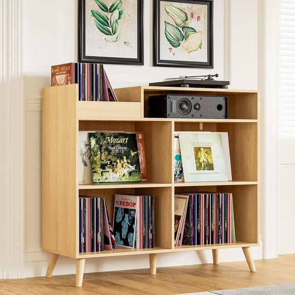 DIYART 3 Tier Large Record Player Stand with Power Outlet, Vinyl Record Storage Table holds Up to 500 Albums, Mid-Century Turntable Stand, Oak