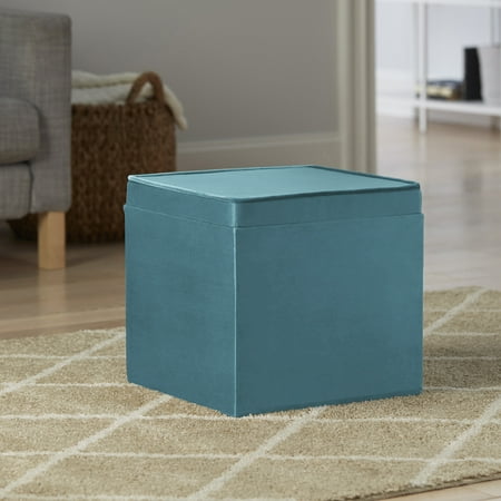 Better Home & Gardens Velvet Storage Ottoman with Tray, Cool Water
