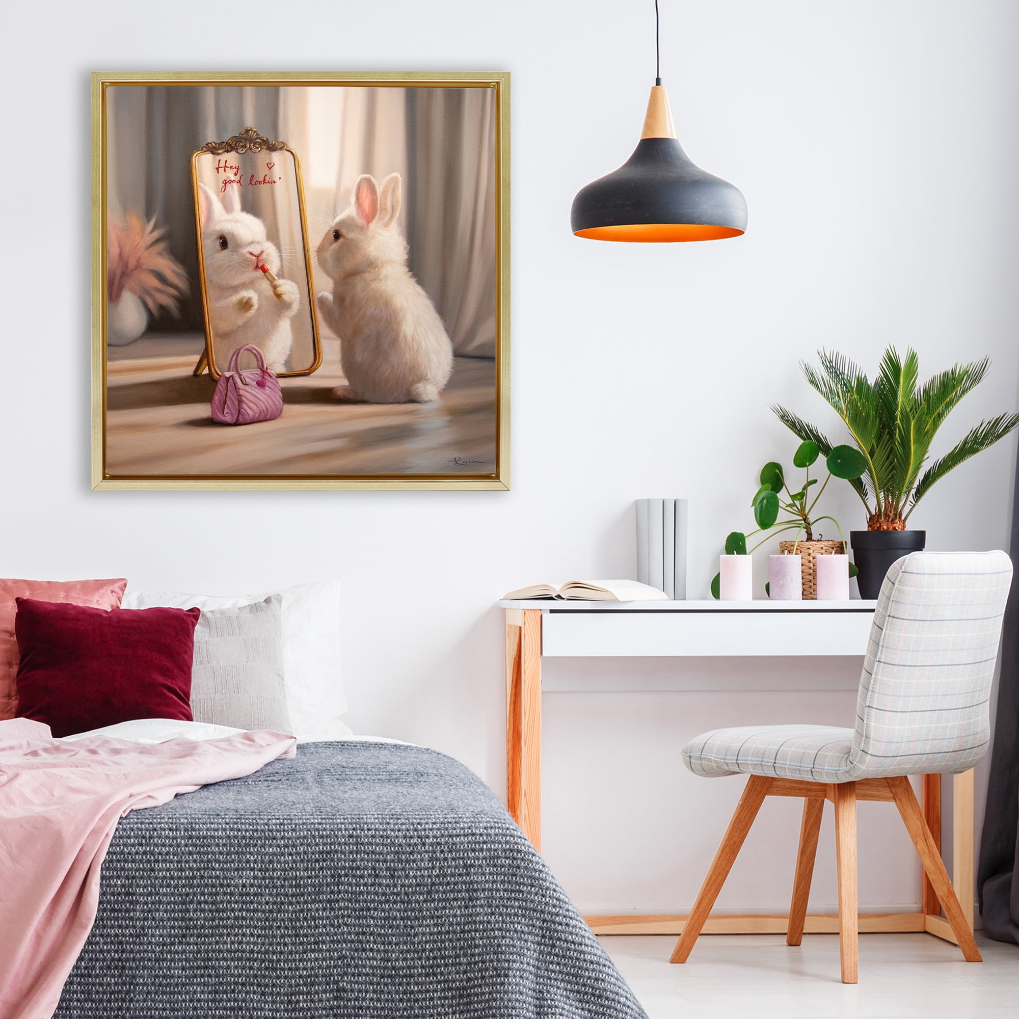 Stupell Industries Final Touch Makeup Bunny Gold Framed Floater Canvas Wall Art, design by Lucia Heffernan