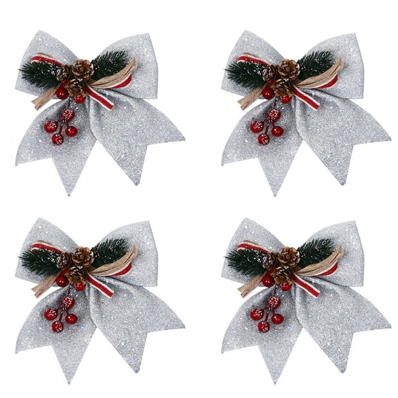 SWETRACE Pine Cone Christmas Ornaments Silver Bow Decor 4Pcs
