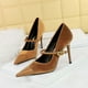 thumbnail image 5 of Zapatos de tacón alto y fino para mujer, con punta de gamuza y tacón bajo, con hebilla de metal y punta recta, para banquetes, con un solo zapato para mujer, 5 of 5