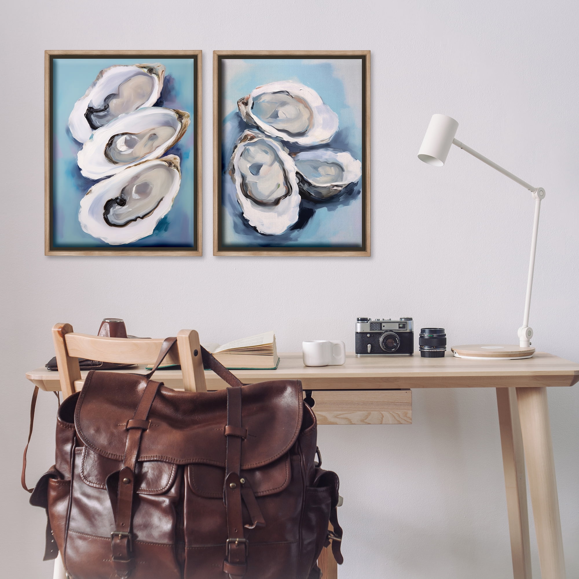 Stupell Industries Trio Half Shell Oysters Nautical & Beach Painting Brown Floater Framed Canvas Art Print Wall Art, 21 x 31, Set of 2