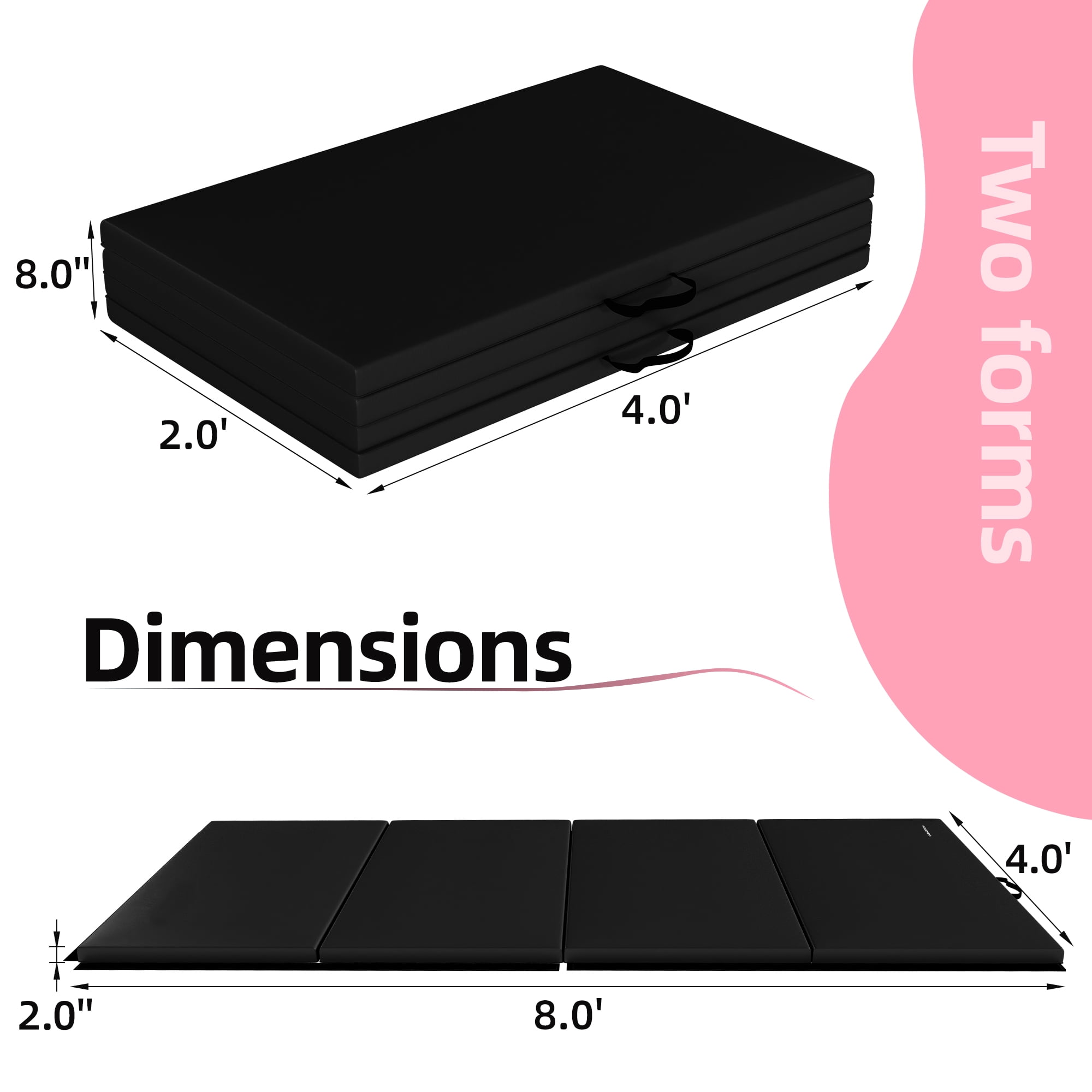 Signature Fitness 4ft x 8ft x 2in Folding Gymnastics Mat, 4-Panel Exercise Mat with Handles, PVC Leather + EPE Foam, Multiple Colors