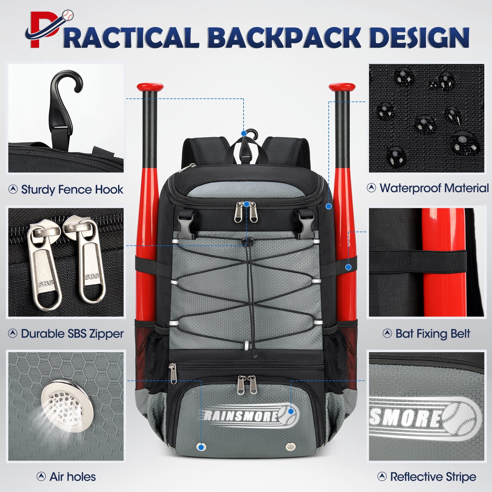 Baseball Bag for Youth & Adult Lightweight Softball Bat Bag with Shoe Compartment, External Helmet Holder and Fence Hook Waterproof Baseball Backpack Hold T-Ball, Bat and Softball Equipment, Grey