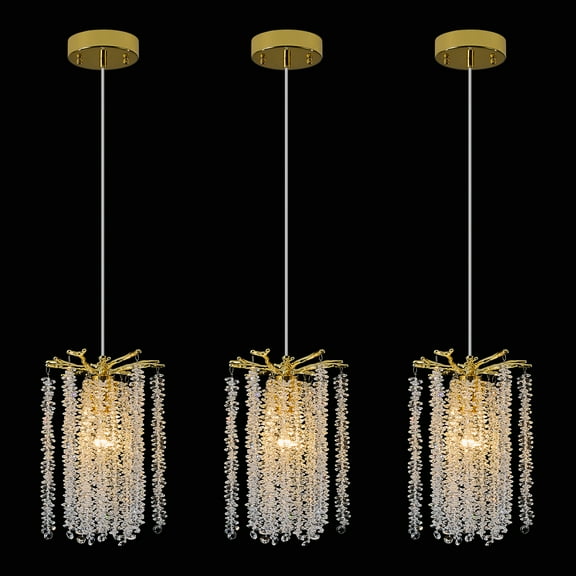 3 Pack Contemporary Crystal Tree Branch Chandelier Modern Gold Raindrop Pendant Light Fixture 7.9" Luxury Round Chandeliers for Dining Room Kitchen Bedroom Living Room