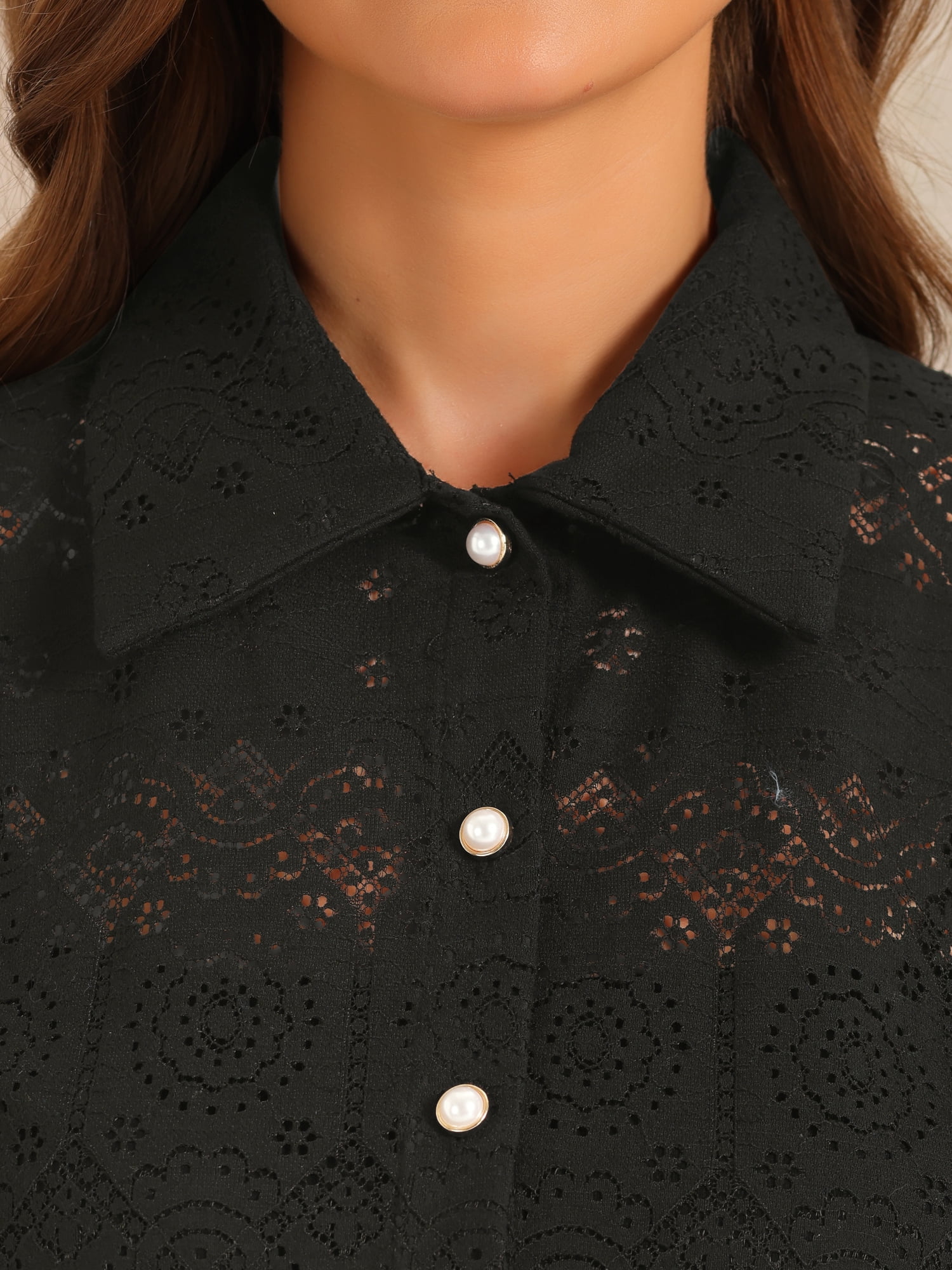 DARING DIVA Women's Eyelet Hallow Out Lace Sheer Button Down Shirt XL Black