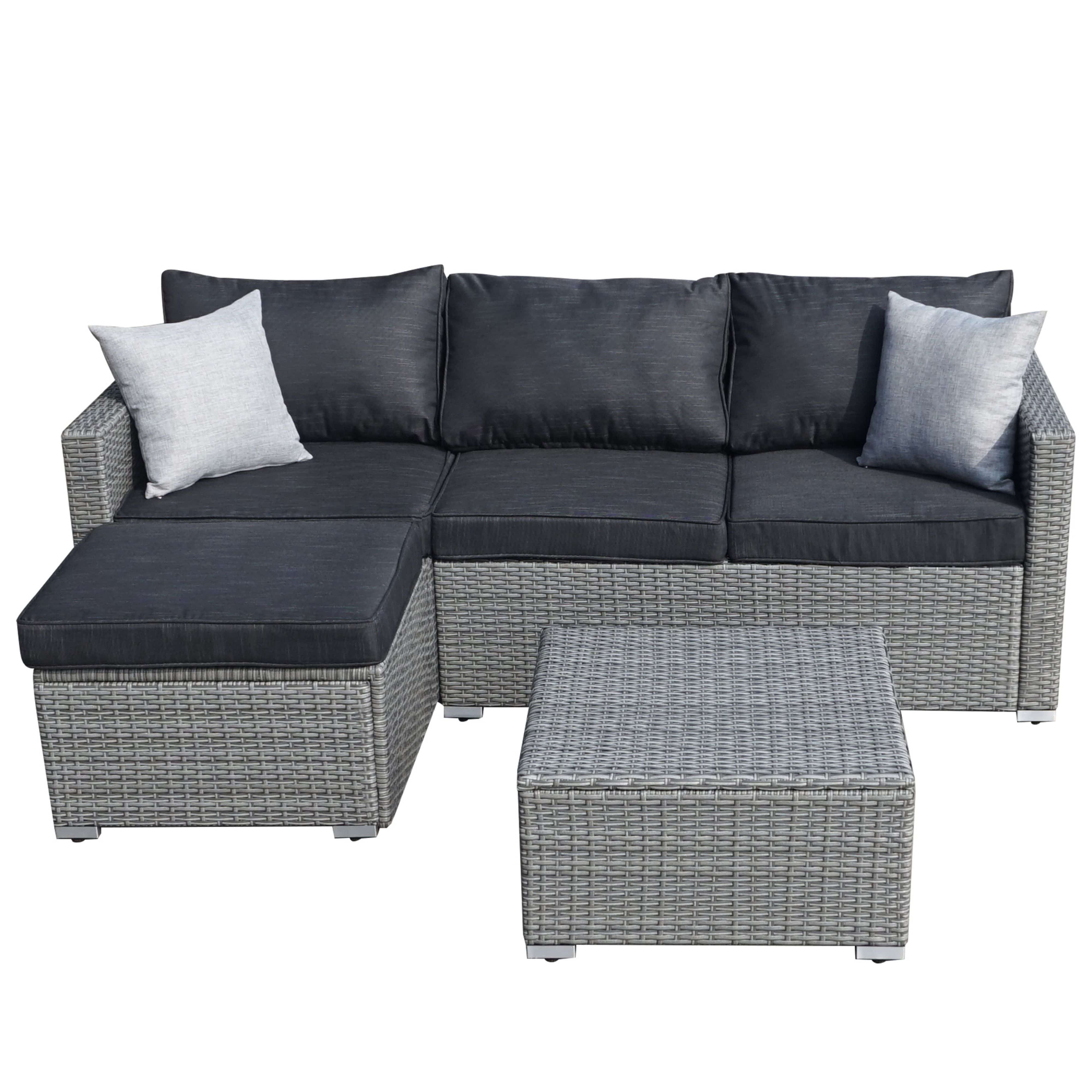SUNTONE Patio Conversation Sofa Set - 3 Piece All Weather Wicker Outdoor Furniture Set, Gray Rattan & Black Cushions