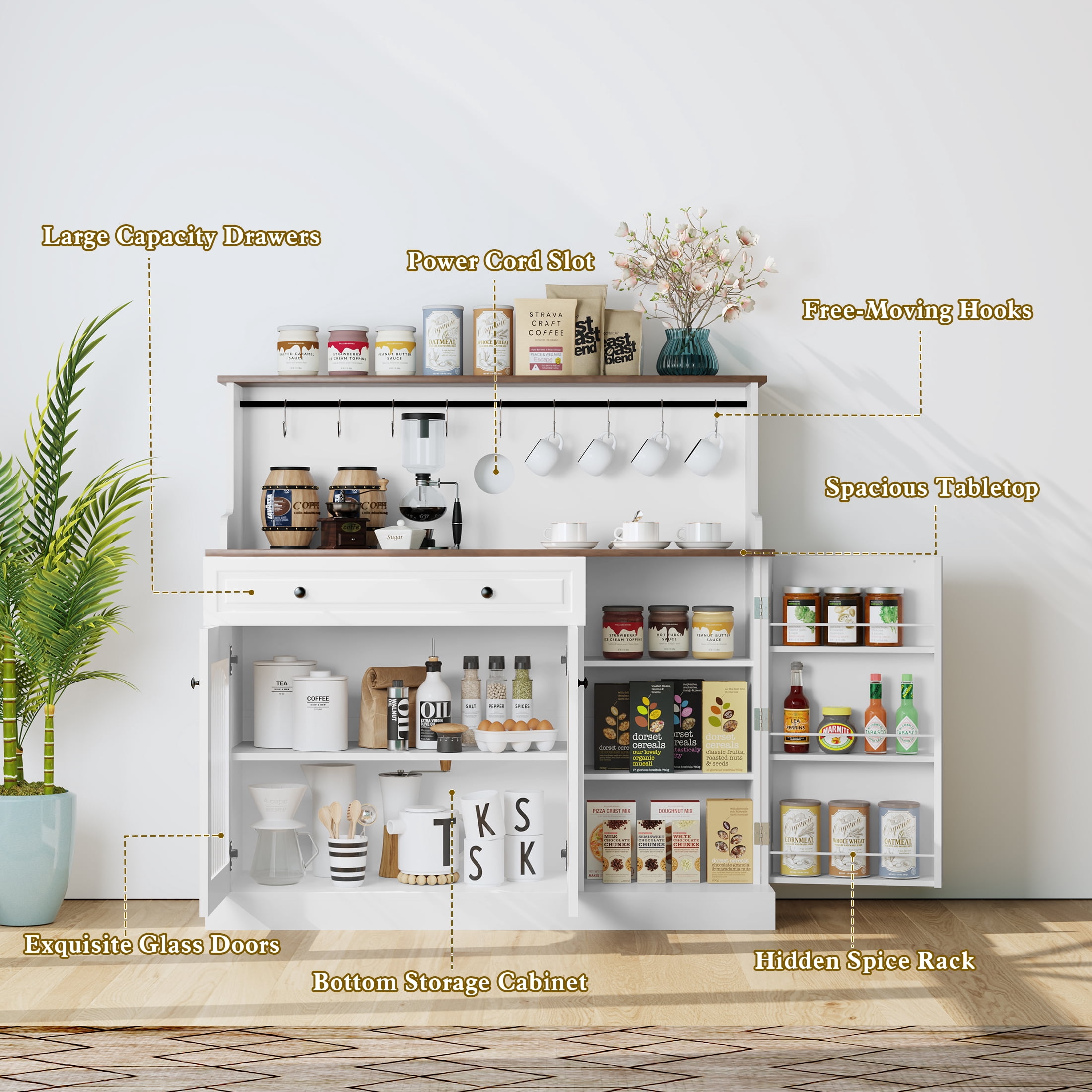 HLR 48" Modern Wood Kitchen Pantry Cabinet, Coffee Bar with Drawer & Microwave Stand, Dining Room, White
