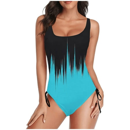 TrendVibe365 Vintage Swimsuit for Women Blue One Piece Thong Adjustable Shoulder Strap Gradient Swimwear Beachwear L