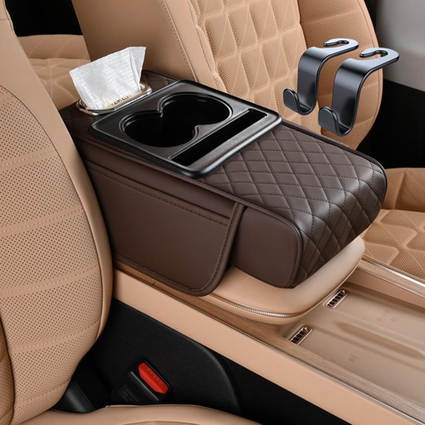 Genérico Multifunctional PU Leather Car Armrest Box Mat, Car Armrest Cushion, Center Console Cover with 2 Cup Holder, Tissue Box Slot for Most Cars (Brown)