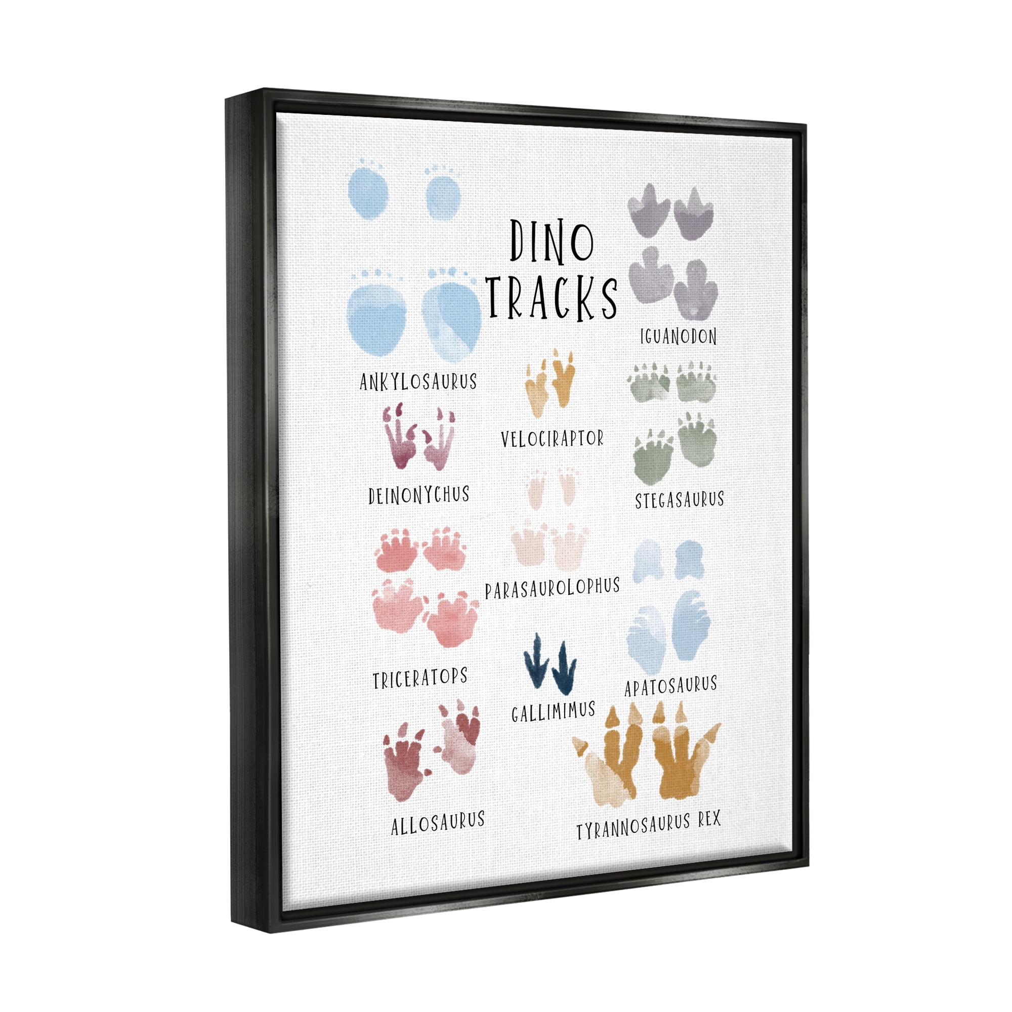 Stupell Industries Dino Tracks Diagram Animals & Insects Painting Black Floater Framed Canvas Art Print Wall Art, 17 x 21