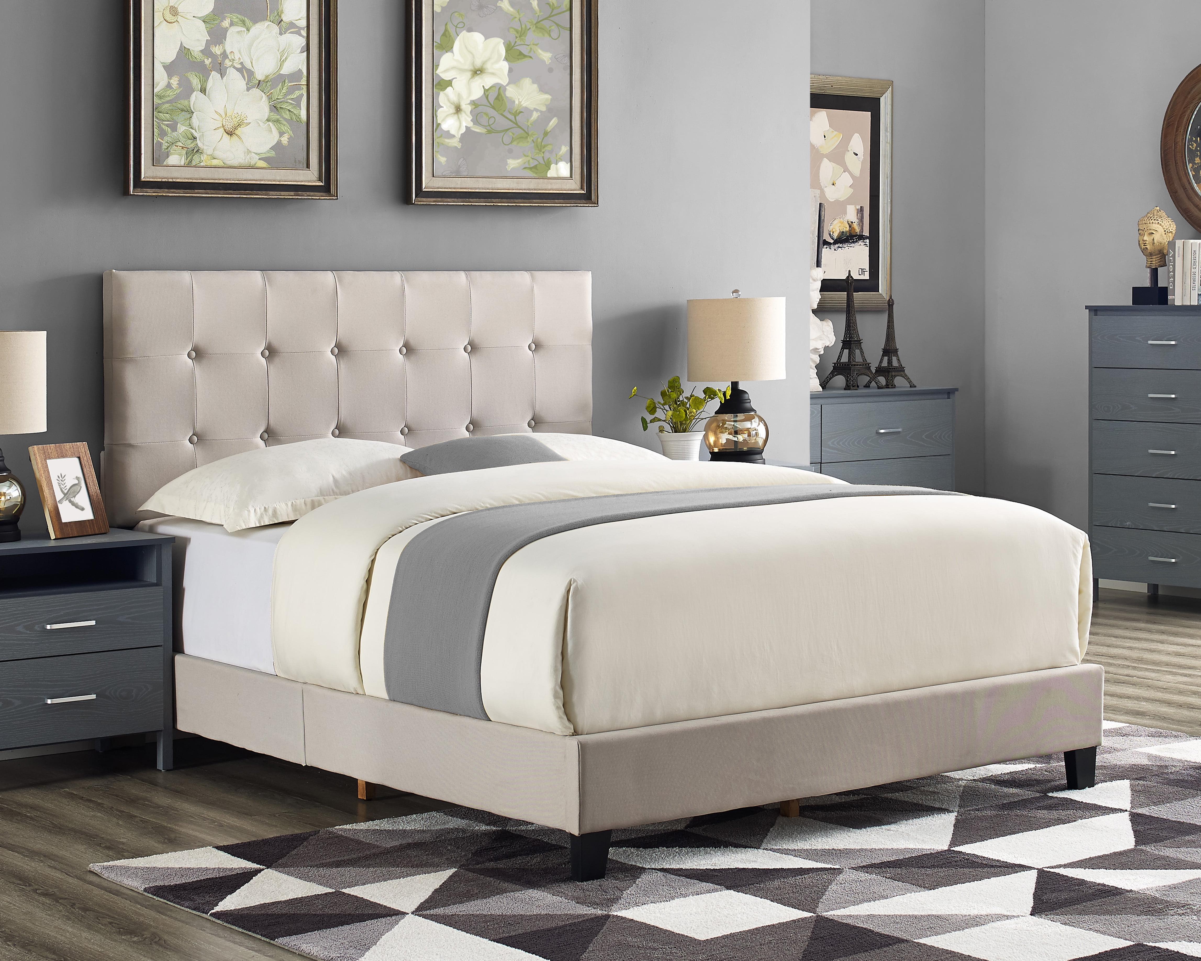 Zachary Upholstered Bed with Button Tufting, Multiple Sizes and Colors