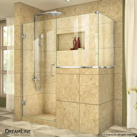 Unidoor Plus 60 in. W x 30 3/8 in. D x 72 in. H Frameless Hinged Shower Enclosure, Clear Glass, Satin