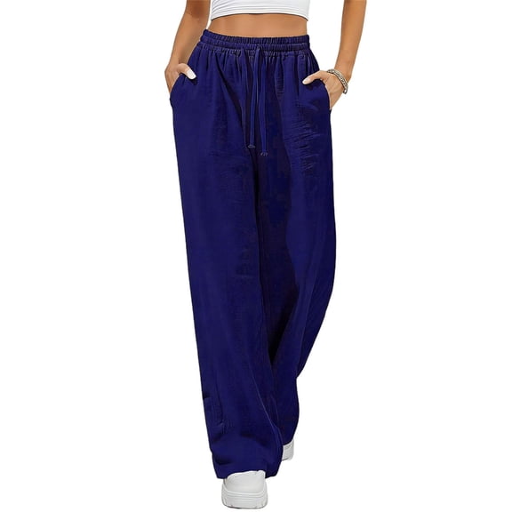 Qgtaibl Women's Drawstring Elastic Waist Wide Leg Pants Casual Loose Fit High Waisted Cotton Linen Trousers with Pockets Summer Lightweight Breathable Palazzo Pants Navy XXL