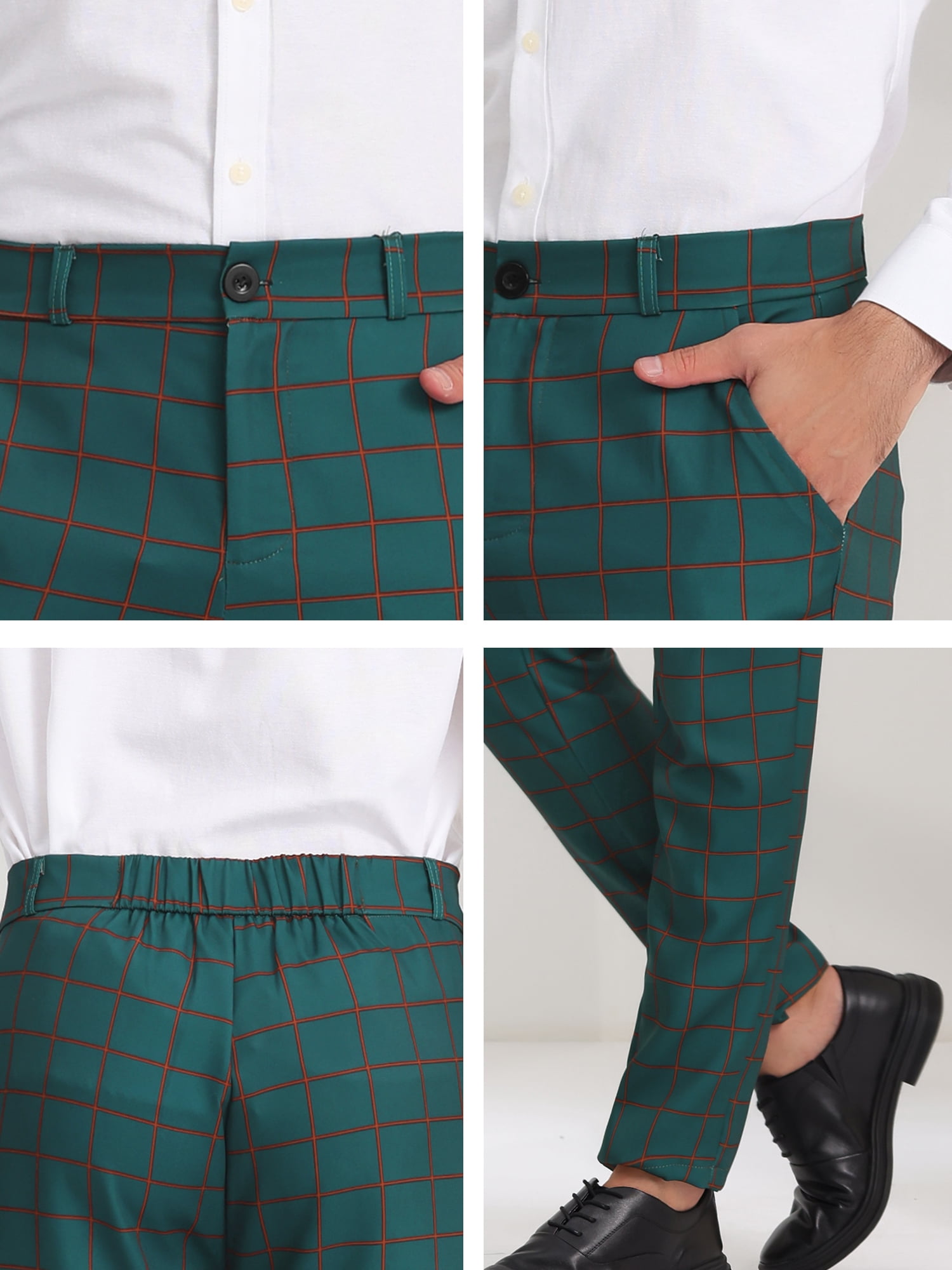 Unique Bargains Men's Plaid Printed Straight Leg Business Casual Checked Pants 34 Dark Green