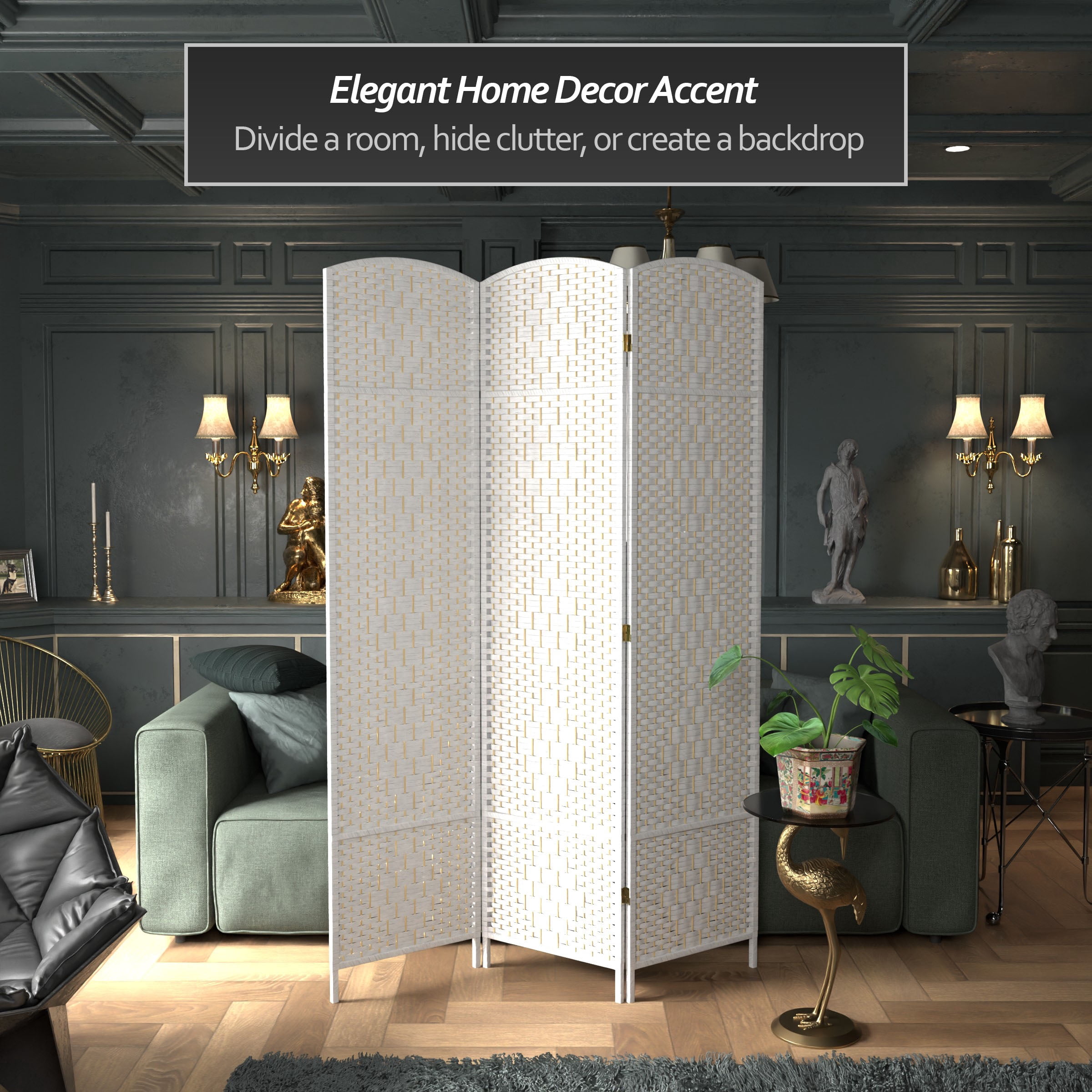 7 ft. Tall Rattan Fiber Diamond Weave Privacy Screen Room Divider - White - 3 Panels