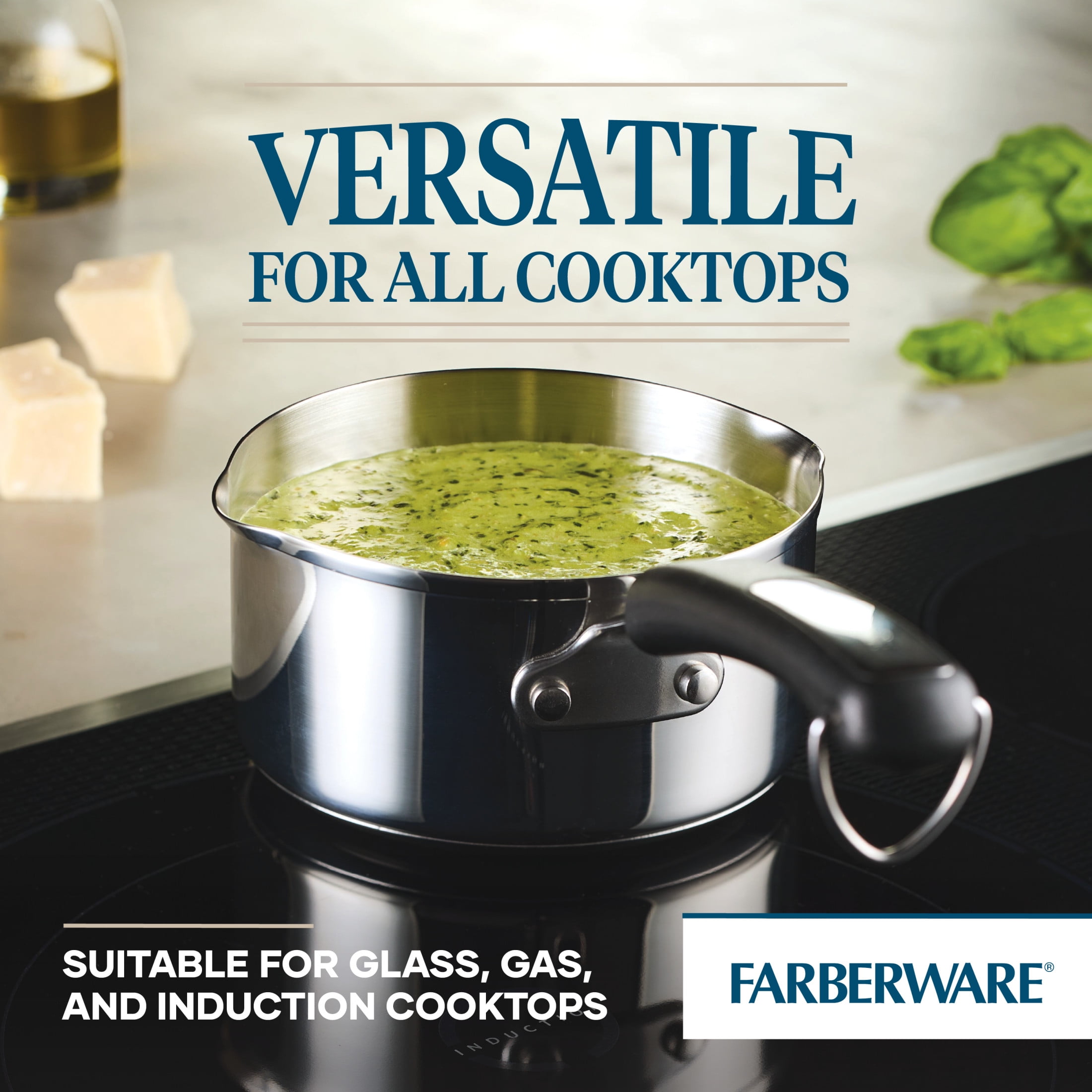 Farberware Brilliance 1 Quart Stainless Steel Saucepan with Pour Spout, Induction Compatible, Metal Utensil Safe, Dishwasher Safe