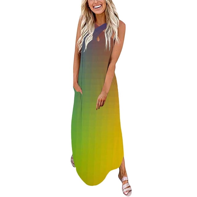 SMihono Robe Maxi Bohème d'Été pour Femmes Grande Taille Robe d'Été pour Femmes Design Décontracté Robe Dégradée Sans Manches Col Suspendu Col en V Longue Robe Robe de Plage Évasée