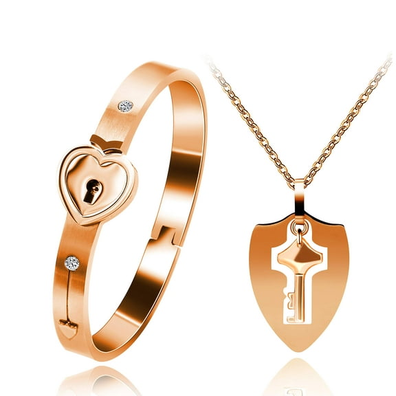 Uloveido Rose Gold Plated Shield Key Necklace and Heart Lock Bracelet Couples Jewelry Set for Men and Women Y473 (Rose Gold)