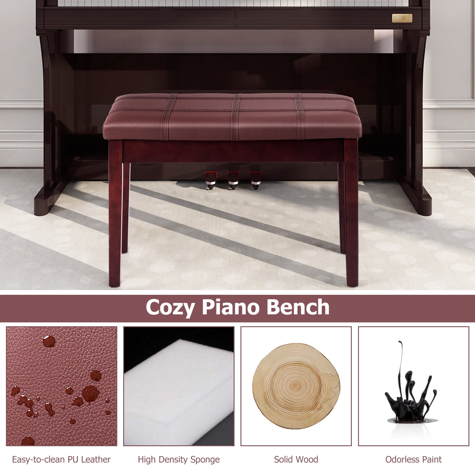 Infans Solid Wood PU Leather Piano Bench Padded Double Duet Keyboard Seat Storage Brown