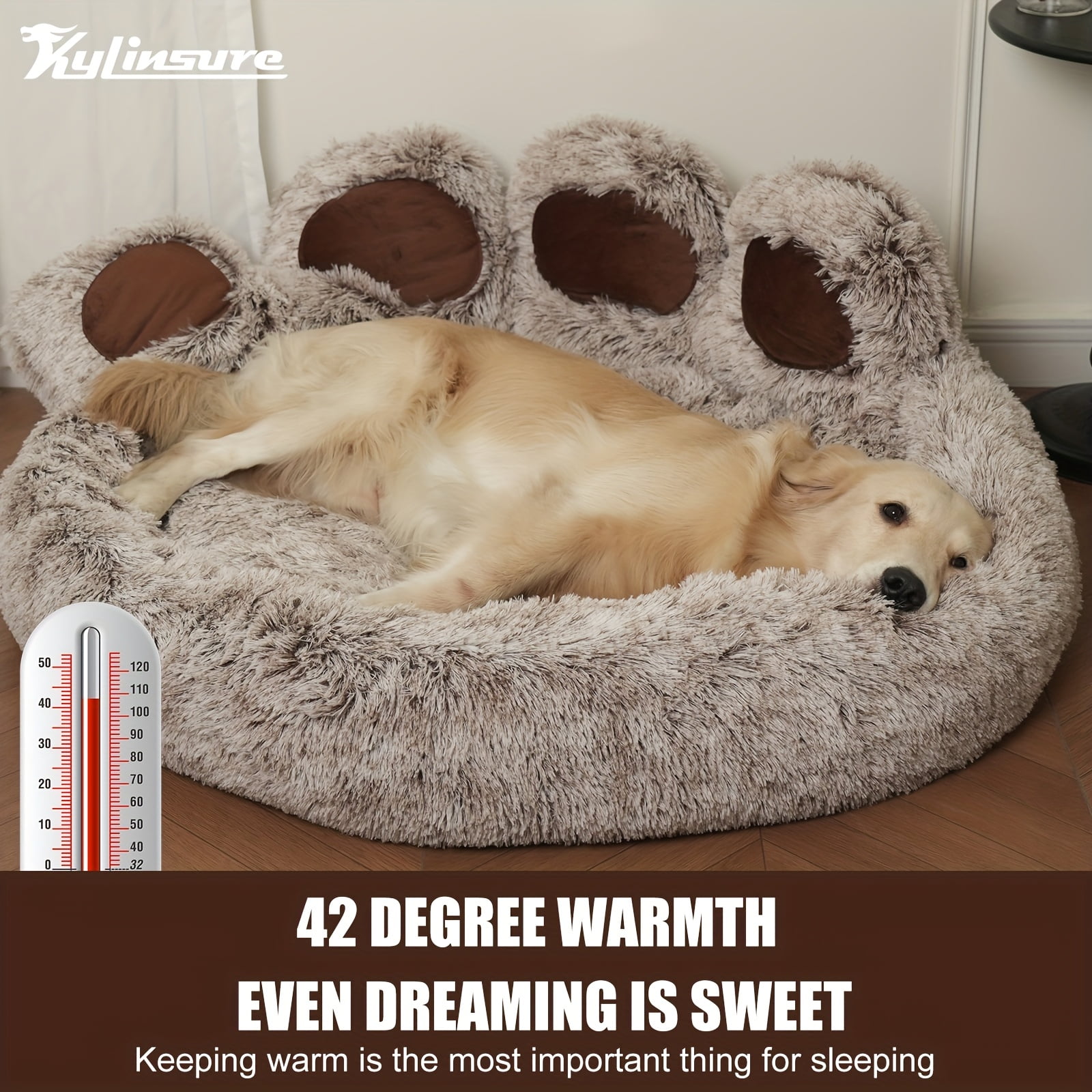 Kylinsure Paw Shape Calming Pet Bed, Plush Faux Fur Donut Bed for Dogs & Cats, Machine Washable, Non-Slip Bottom