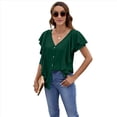 thumbnail image 1 of Blusas Informales Elegantes para Mujer, Blusas con Cuello en V, Botones y Mangas con Volantes. Verde Oscuro S, 1 of 10