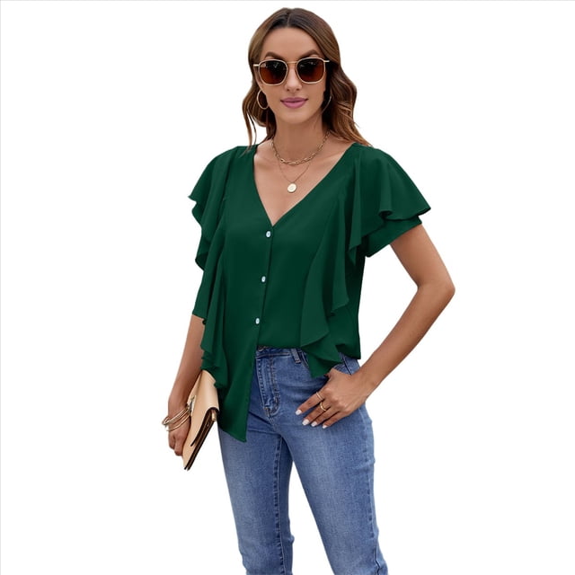 Blusas Informales Elegantes para Mujer, Blusas con Cuello en V, Botones y Mangas con Volantes. Verde Oscuro S