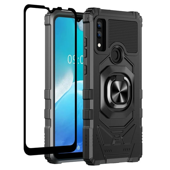 Compatible for Cricket Icon 4 Case w/Tempered Glass Screen Protector [Military Grade] Ring Car Mount Kickstand Shockproof Hard Phone Case - Black