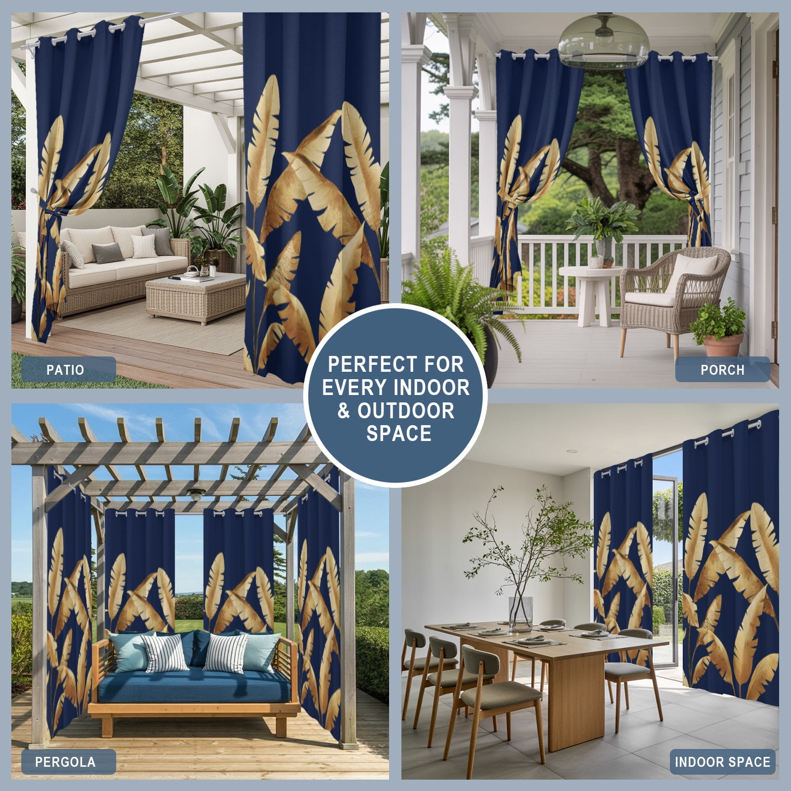 Golden Leaves Outdoor Curtains for Patio, Summer Night Sky Tropical Plants Sunshade Privacy Drapes Grommet Waterproof Outside Curtains for Porch/Cabana/Balcony 54"x 108", 1 Panel