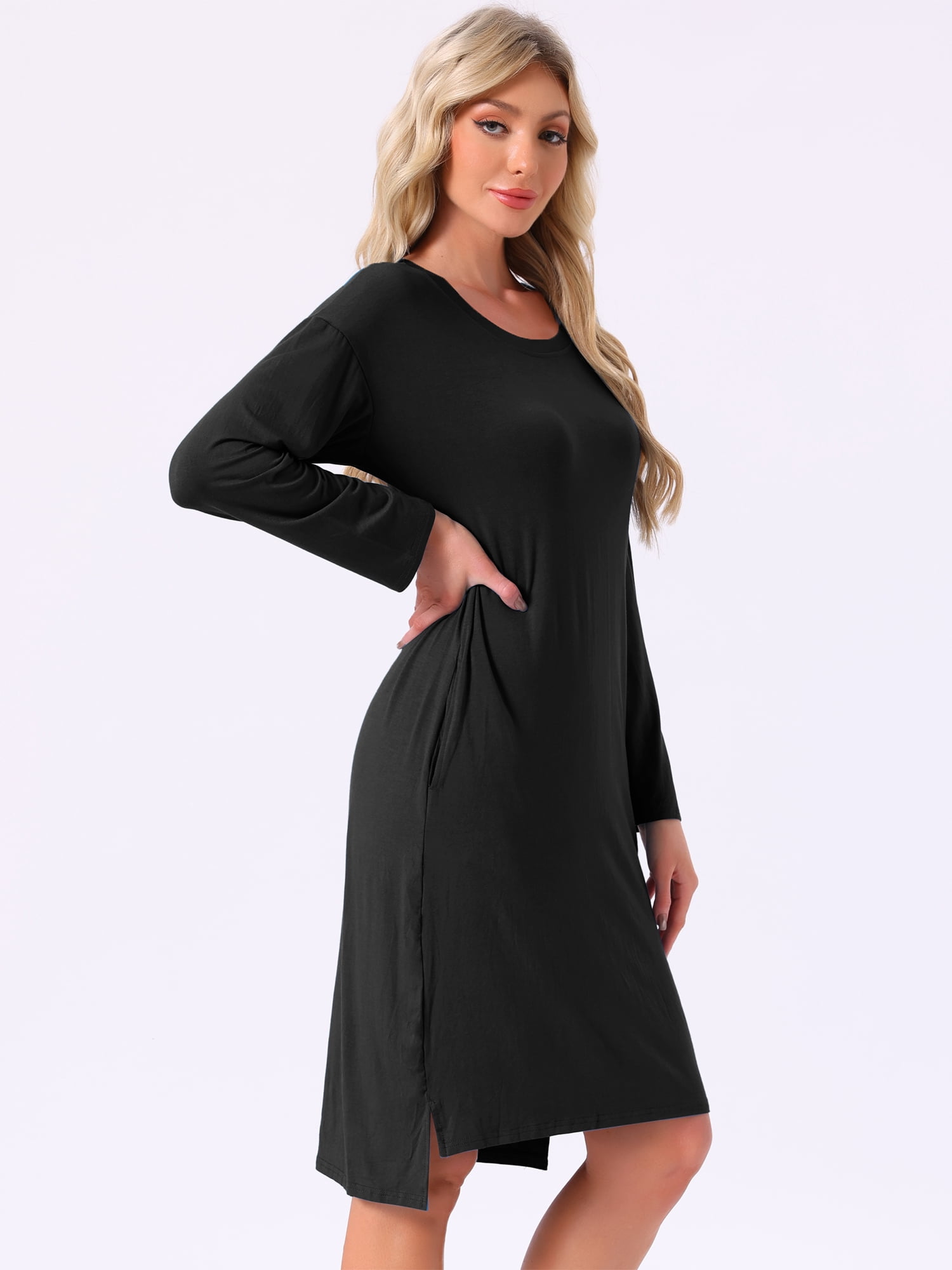 DARING DIVA Women's Long Sleeve High Low Hem Rayon Sleepdress with Pockets XL Black