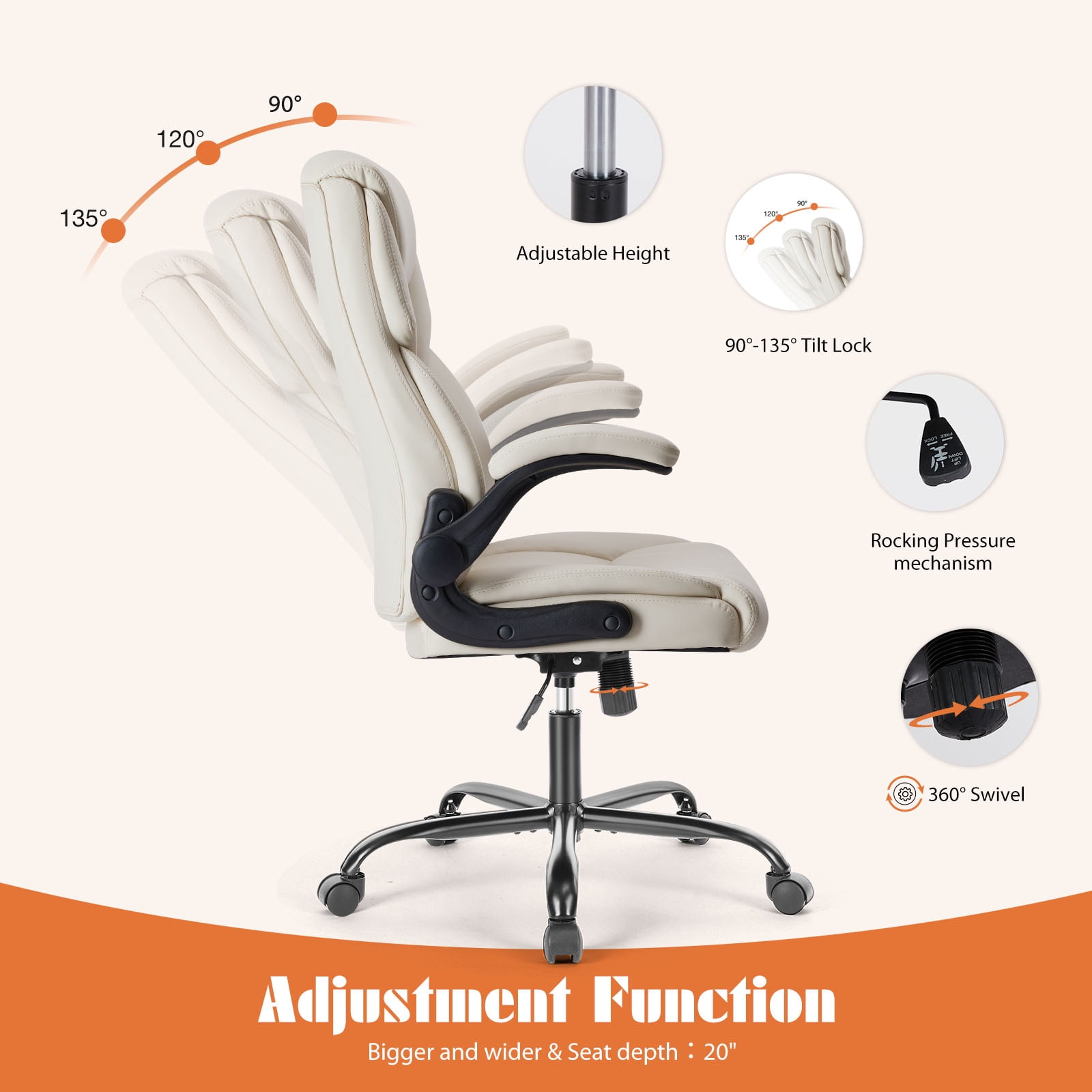 Yoyomax Office Chair, Ergonomic Executive Computer Desk Chairs with Adjustable Flip-up Armrest, Swivel Task Chair with Lumbar Support, Strong Metal Base, PU Leather