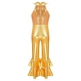 thumbnail image 3 of Alvivi Girls Kids Shiny Sequins Bell-bottom Jumpsuit Pants One Piece Dance Bodysuit Unitard Costume Gold 6, 3 of 7