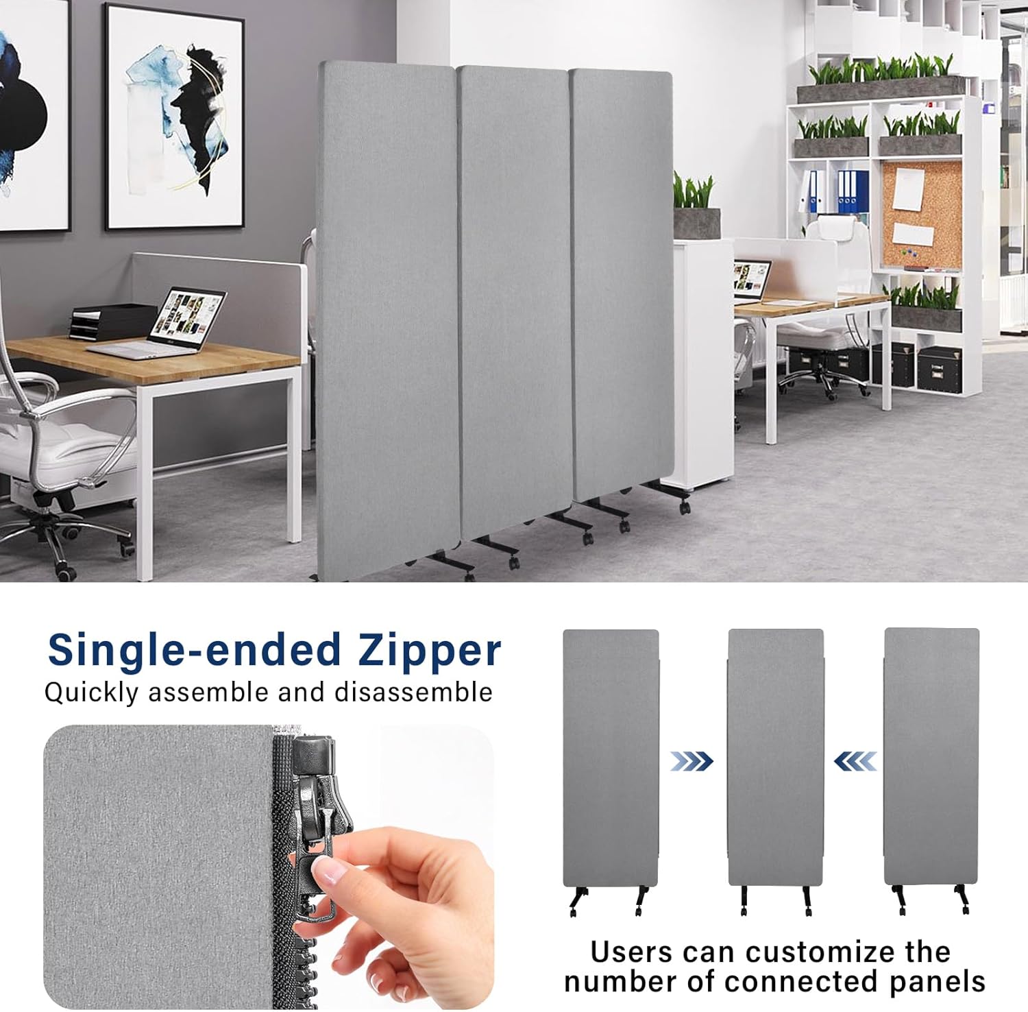 Sound Dampening Room Divider 72 x 66in, 3-Panel Rolling Partition Wall, Wheeled Acoustic Barrier for Home and Office Spaces(Light Gray)