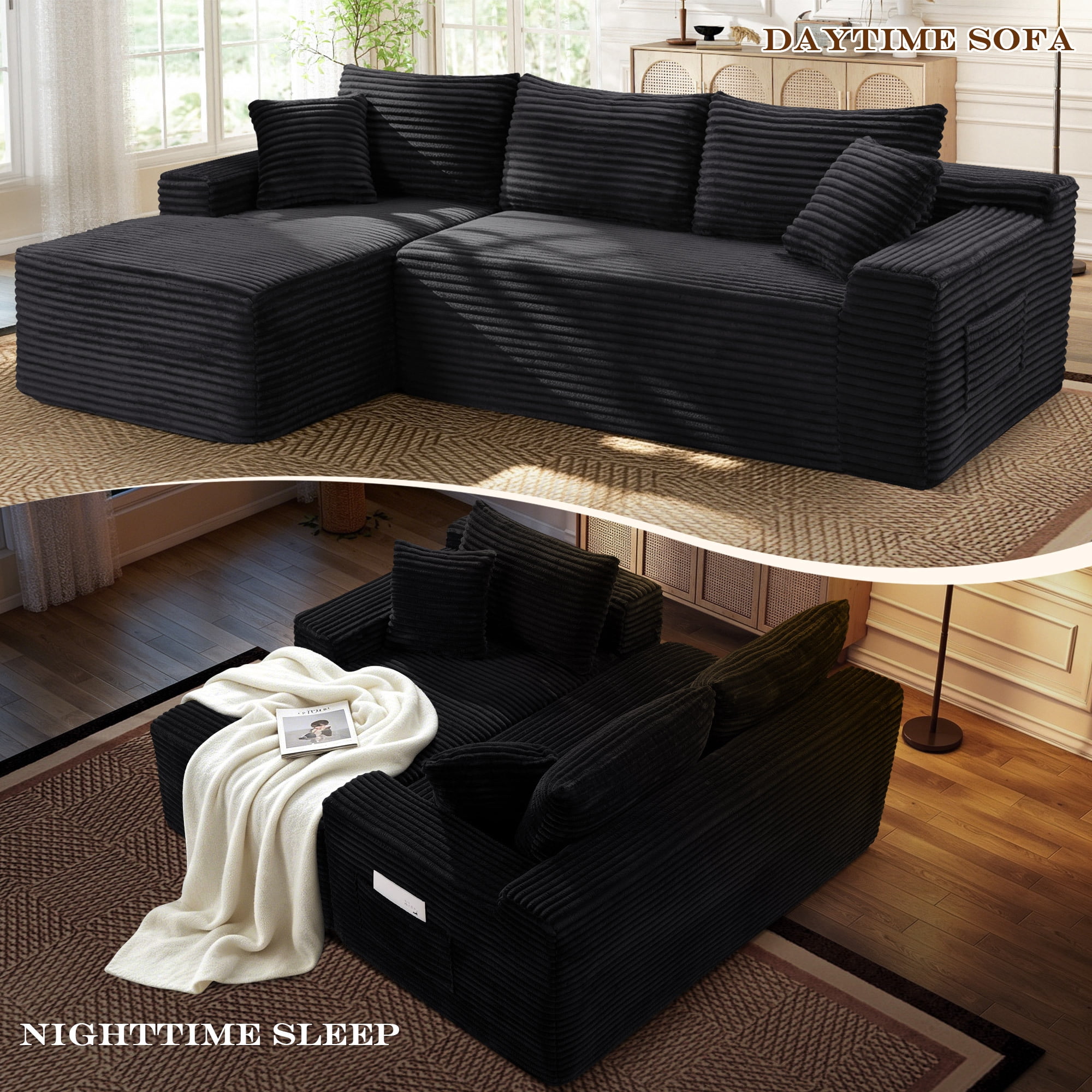 Lunale Small Modular Sectional Sofa with Movable Chaise, L-Shaped Boneless Cloud Couch for Living Room, Black (Left Facing Chaise)
