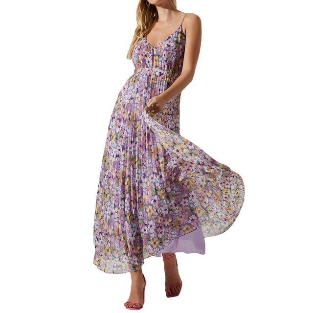 Faithtur Femmes Robe de Glissement, Sans Manches V-Cou Dos Nu Plissé Plissé Solide/fleur Imprimé Été Swing Robe Longue Robe