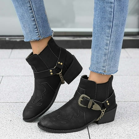 

TIANEK Fashion Round-Toe Chunky Heel Middle Heel Slouchy Metal Leather Belt Buckle Booties Palladium Boots Women